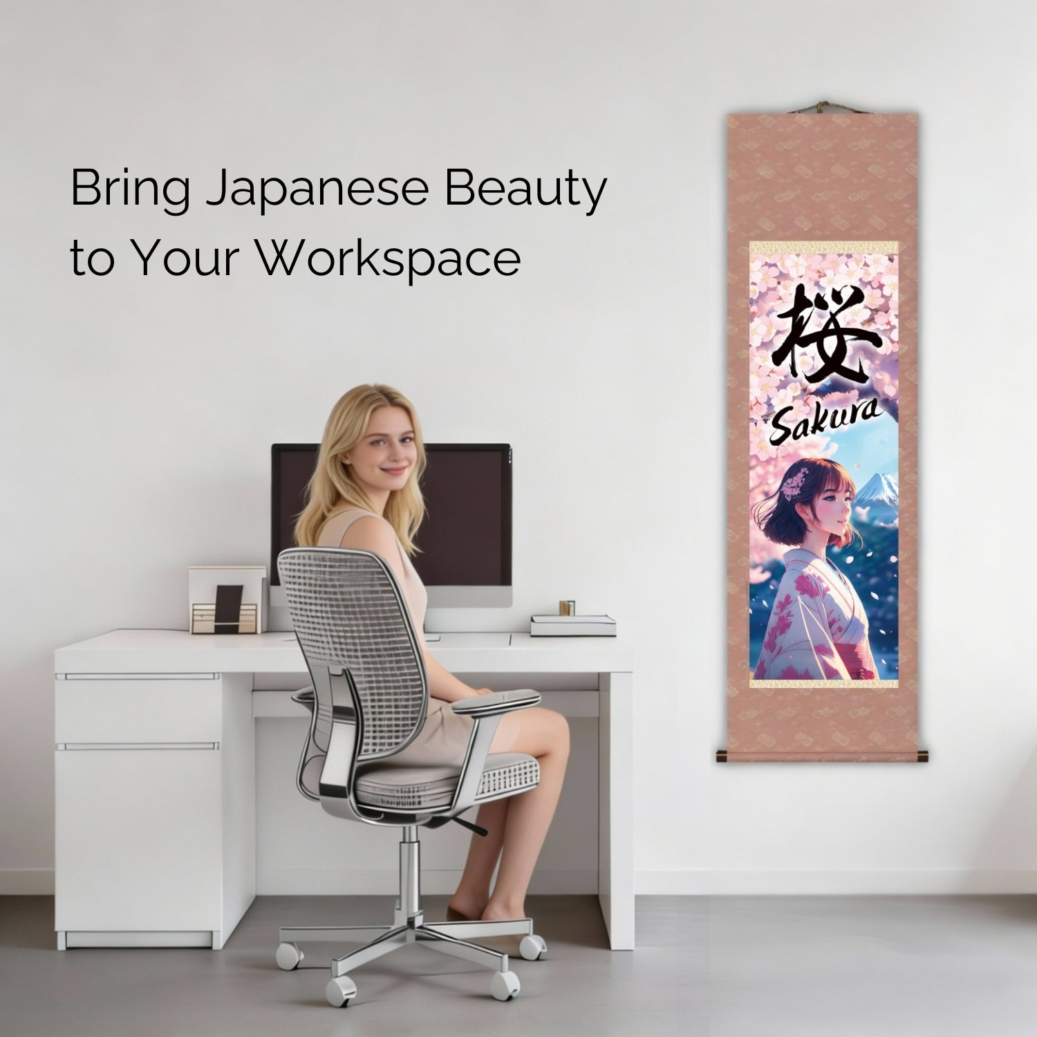 Japanese Anime Sakura Kakemono Wall Scroll – Kimono Woman with Mount Fuji
